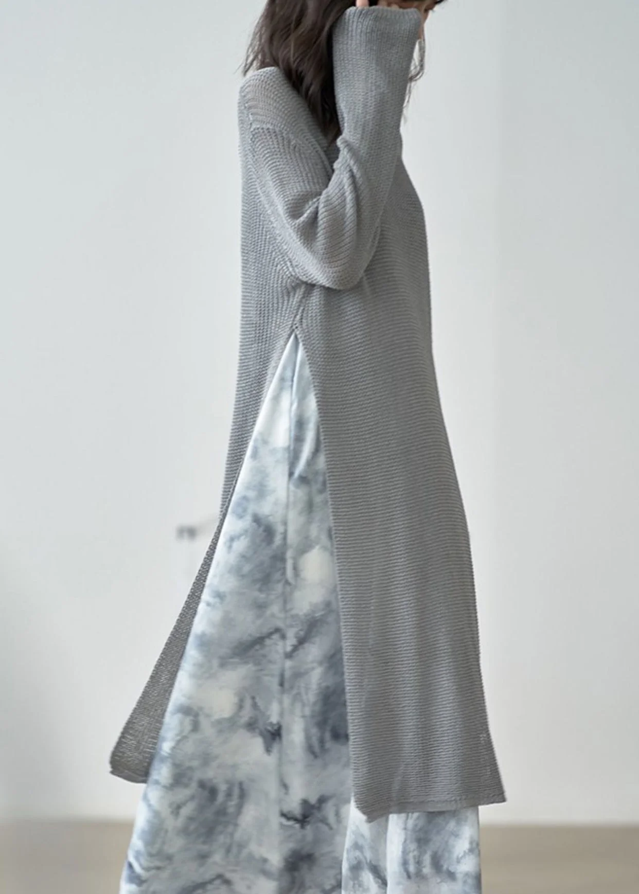 Italian Grey O Neck Side Open Patchwork Knit Dress Fall - Image 5