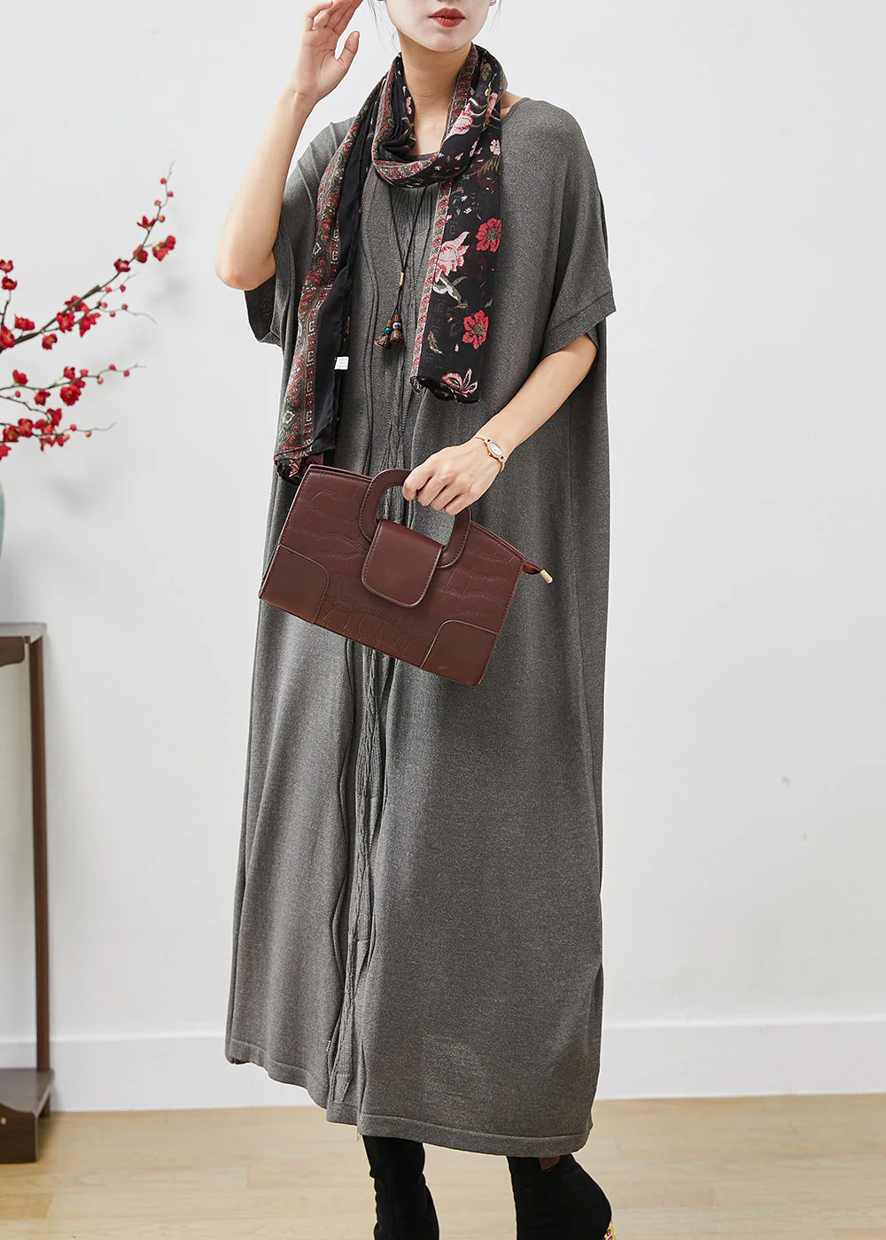 Italian Grey Oversized Wrinkled Cotton Robe Dresses Spring - Image 2