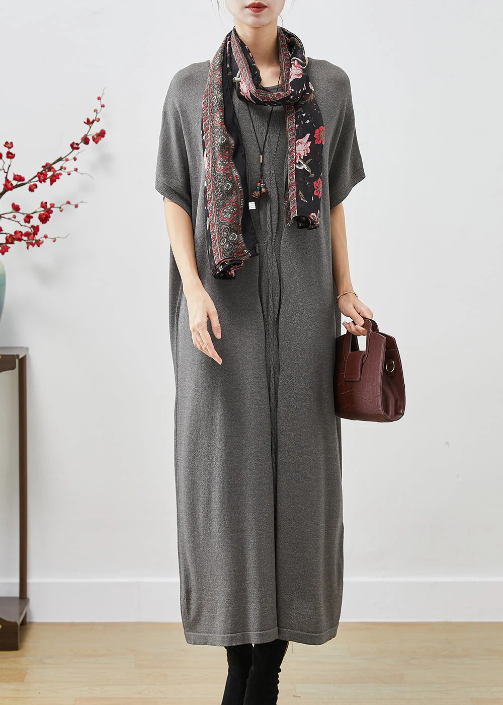 Italian Grey Oversized Wrinkled Cotton Robe Dresses Spring - Image 3
