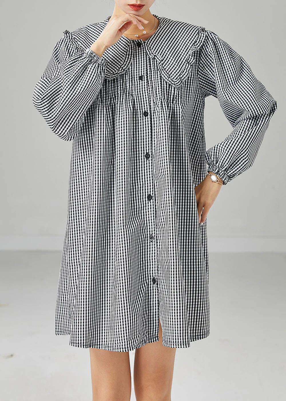 Italian Grey Peter Pan Collar Plaid Cotton Shirt Dress Fall - Image 2
