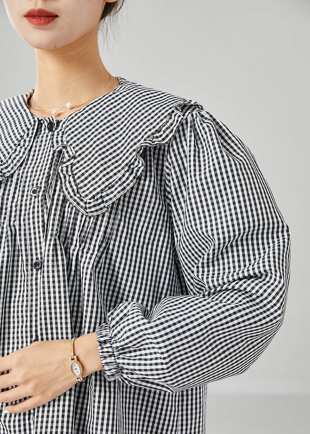 Italian Grey Peter Pan Collar Plaid Cotton Shirt Dress Fall - Image 5