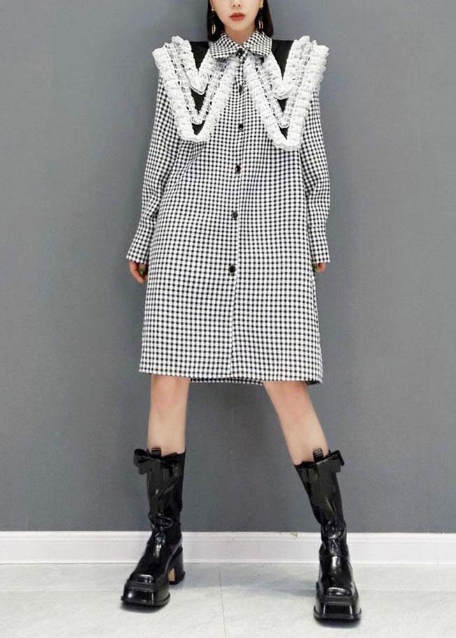 Italian Grey Plaid PeterPan Collar Button Dresses Fall Long Sleeve