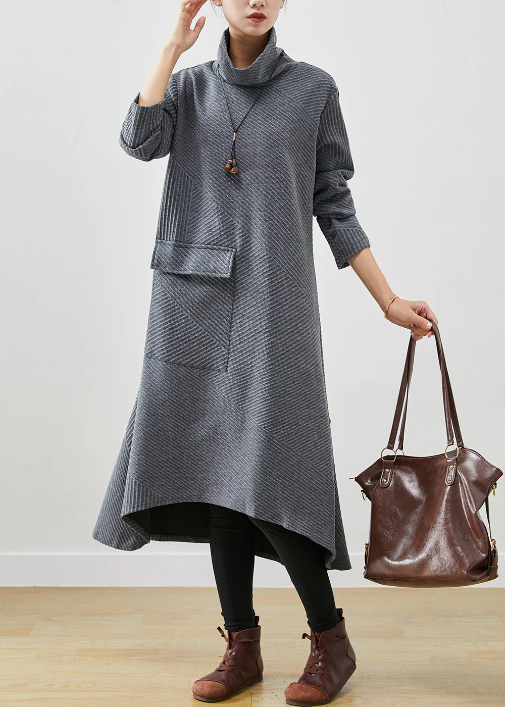 Italian Grey Turtle Neck Big Pocket Cotton Holiday Dress Spring - Image 2