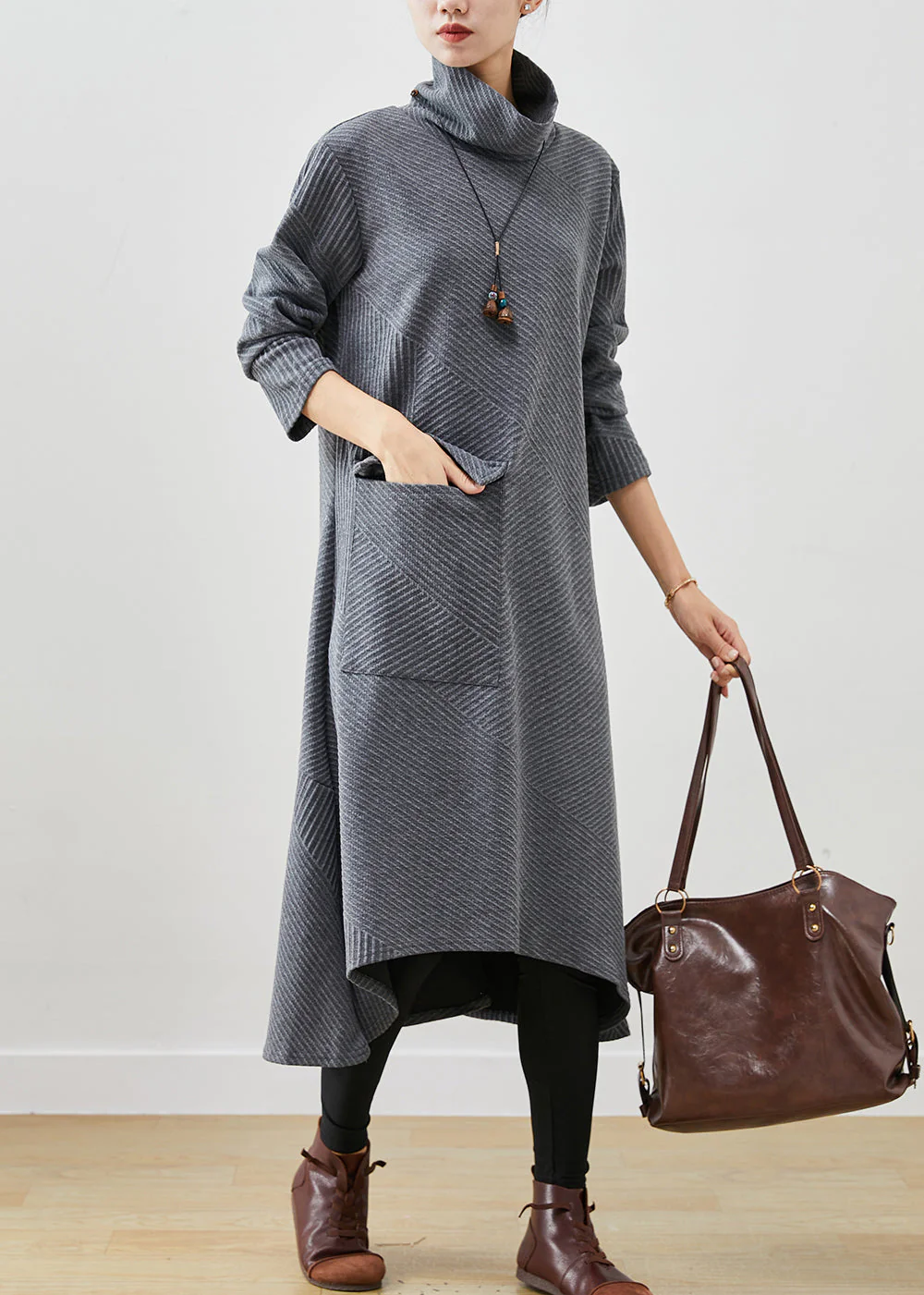 Italian Grey Turtle Neck Big Pocket Cotton Holiday Dress Spring - Image 3