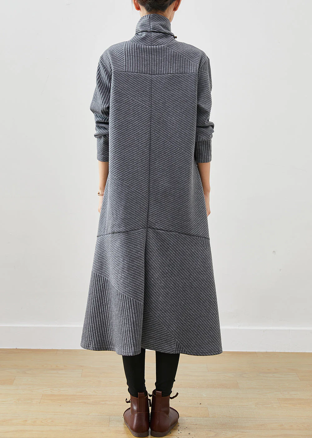 Italian Grey Turtle Neck Big Pocket Cotton Holiday Dress Spring - Image 4