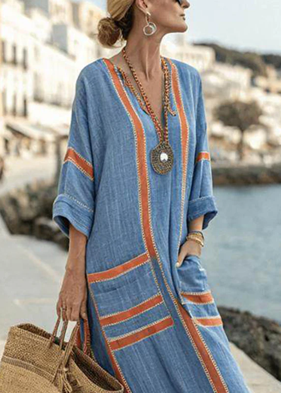 Italian Grey V Neck Striped Maxi Dresses Summer - Image 5