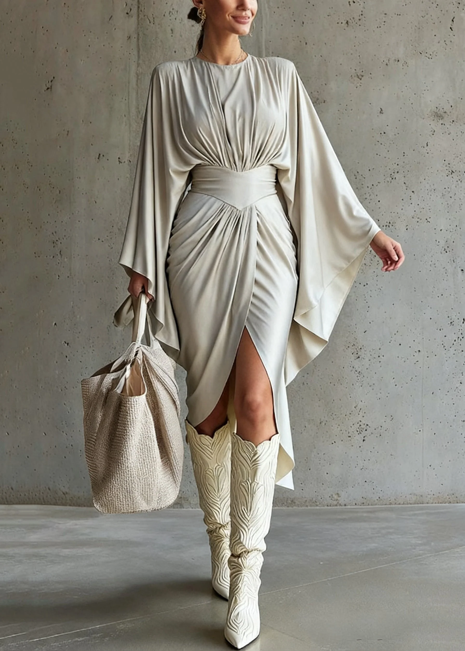 Italian Grey Wrinkled Side Open Long Dress Batwing Sleeve - Image 5