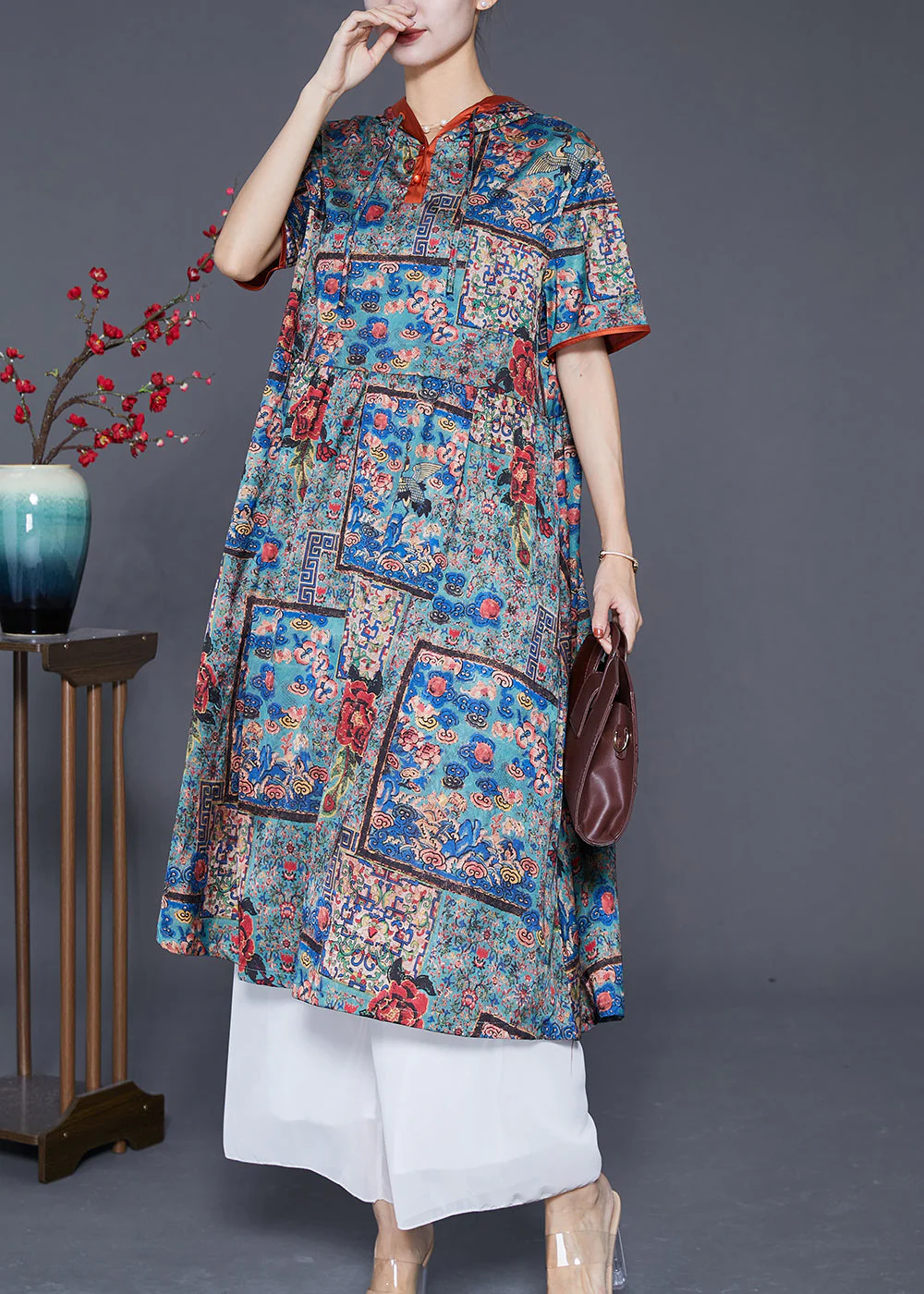 Italian Hooded Drawstring Print Silk Dress Summer - Image 3