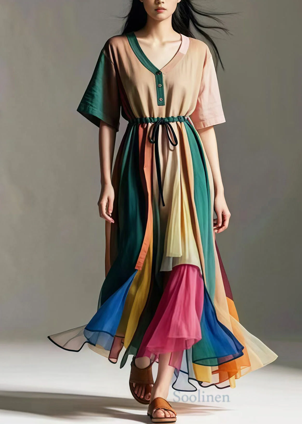 Italian Khaki Cinched Exra Large Hem Tulle Dress Summer - Image 2