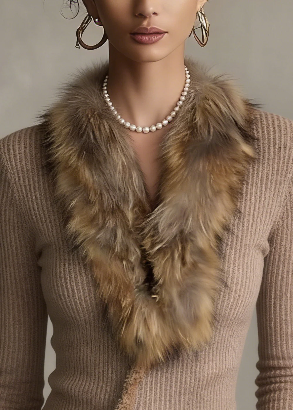 Italian Khaki Faux Fur Collar Patchwork Knit Jackets Winter - Image 2