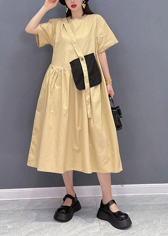 Italian Khaki O-Neck Button Pockets Patchwork Wrinkled Dress Short Sleeve - Image 2