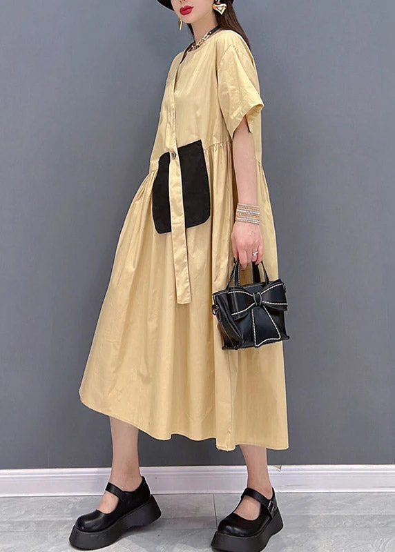 Italian Khaki O-Neck Button Pockets Patchwork Wrinkled Dress Short Sleeve - Image 3
