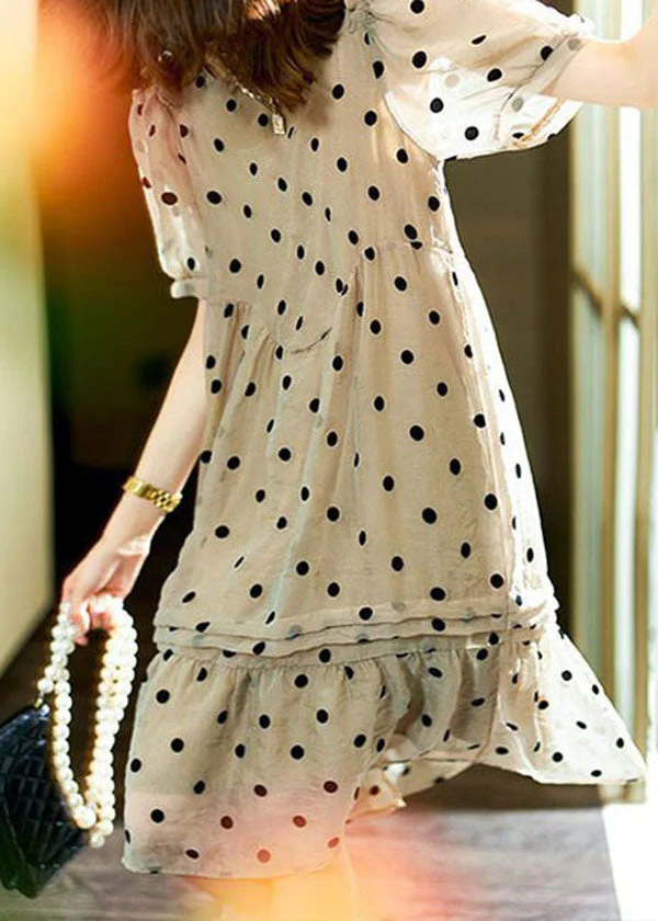 Italian Khaki O Neck Ruffled Dot Patchwork Chiffon Dresses Summer - Image 2