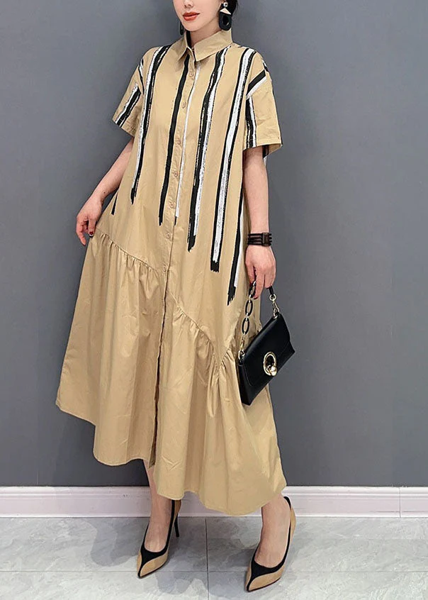 Italian Khaki Peter Pan Collar Patchwork Cotton Shirt Dress Summer - Image 2