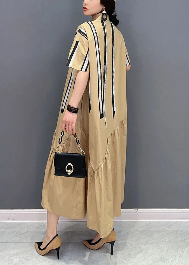 Italian Khaki Peter Pan Collar Patchwork Cotton Shirt Dress Summer - Image 3