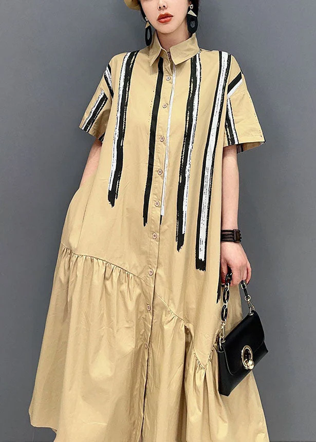 Italian Khaki Peter Pan Collar Patchwork Cotton Shirt Dress Summer - Image 4