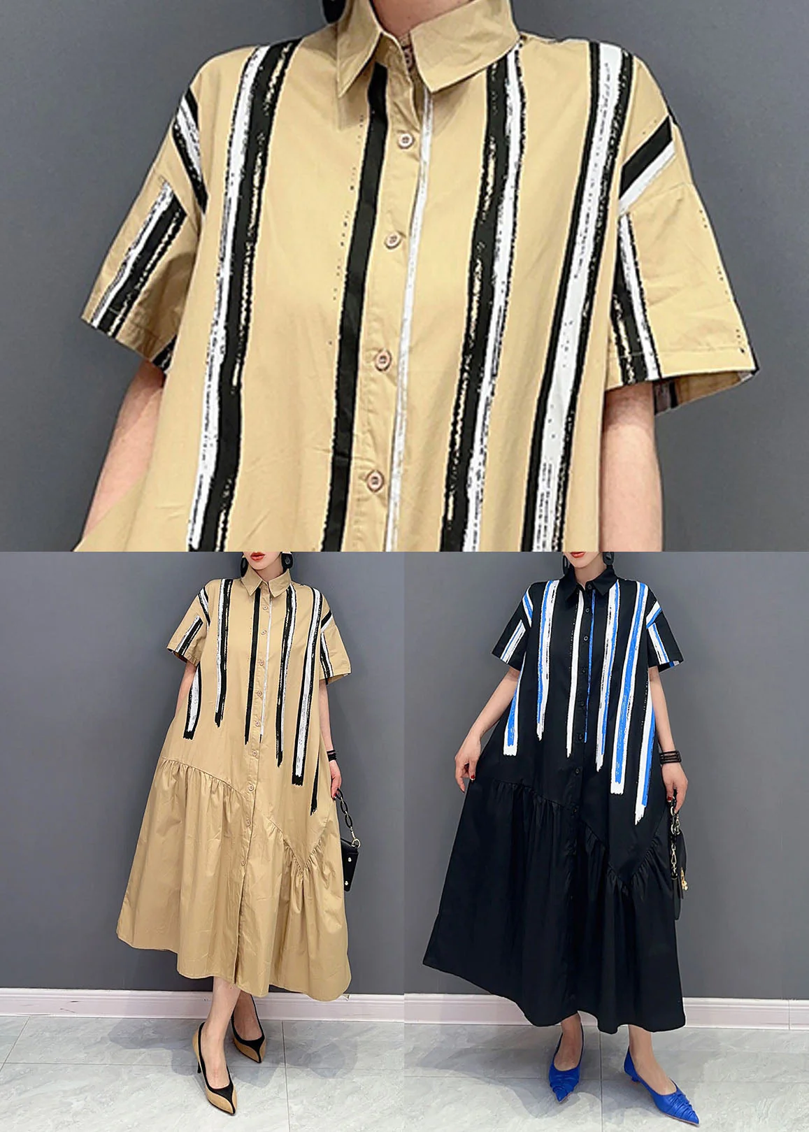 Italian Khaki Peter Pan Collar Patchwork Cotton Shirt Dress Summer - Image 5
