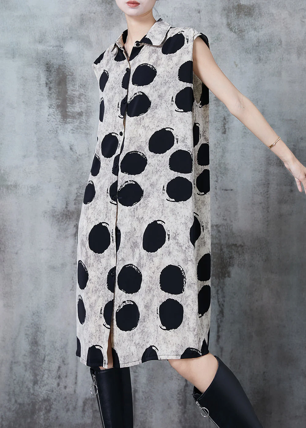 Italian Khaki Peter Pan Collar Print Chiffon Dress Sleeveless - Image 2