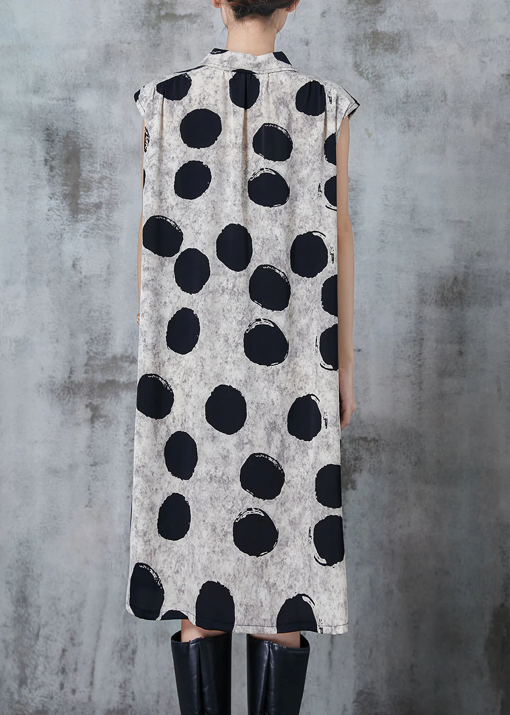 Italian Khaki Peter Pan Collar Print Chiffon Dress Sleeveless - Image 4