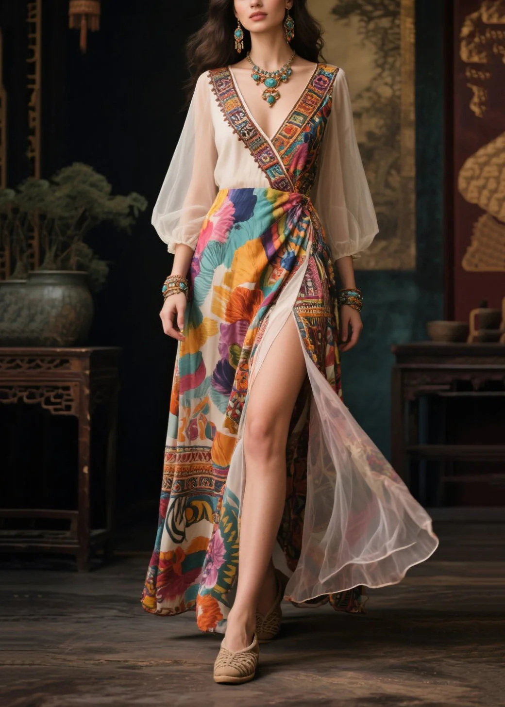 Italian Khaki Print Side Open Chiffon Vacation Dresses Summer