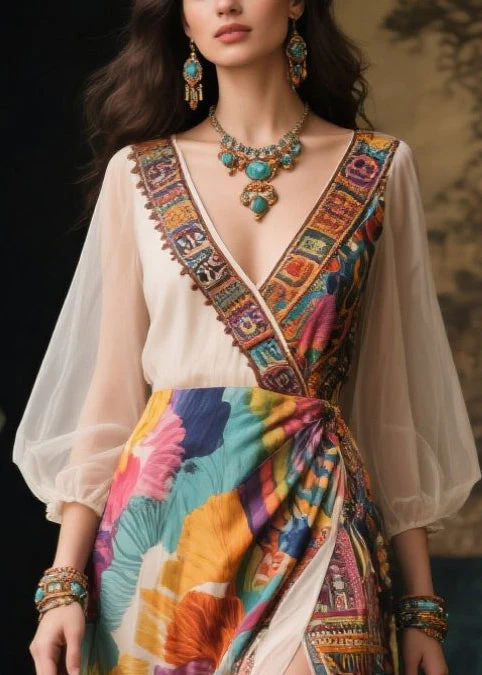 Italian Khaki Print Side Open Chiffon Vacation Dresses Summer - Image 2