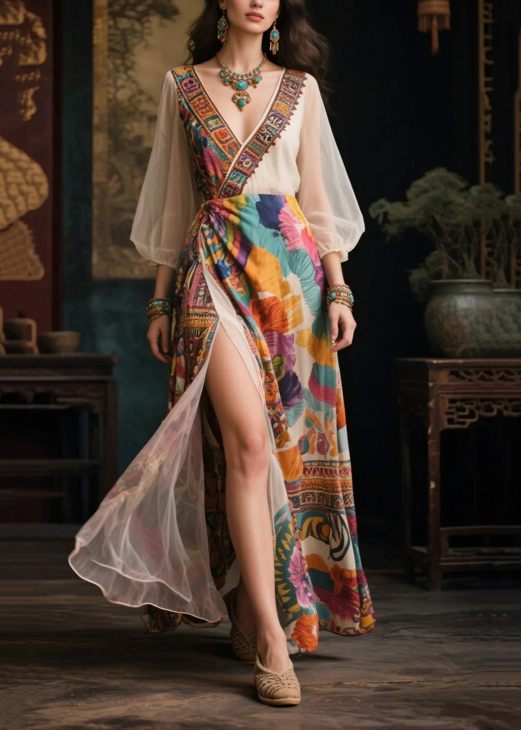 Italian Khaki Print Side Open Chiffon Vacation Dresses Summer - Image 3
