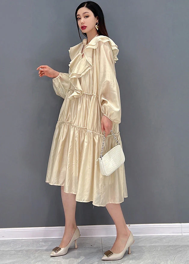 Italian Khaki Ruffled Patchwork Wrinkled Long Dress Long Sleeve - Image 3