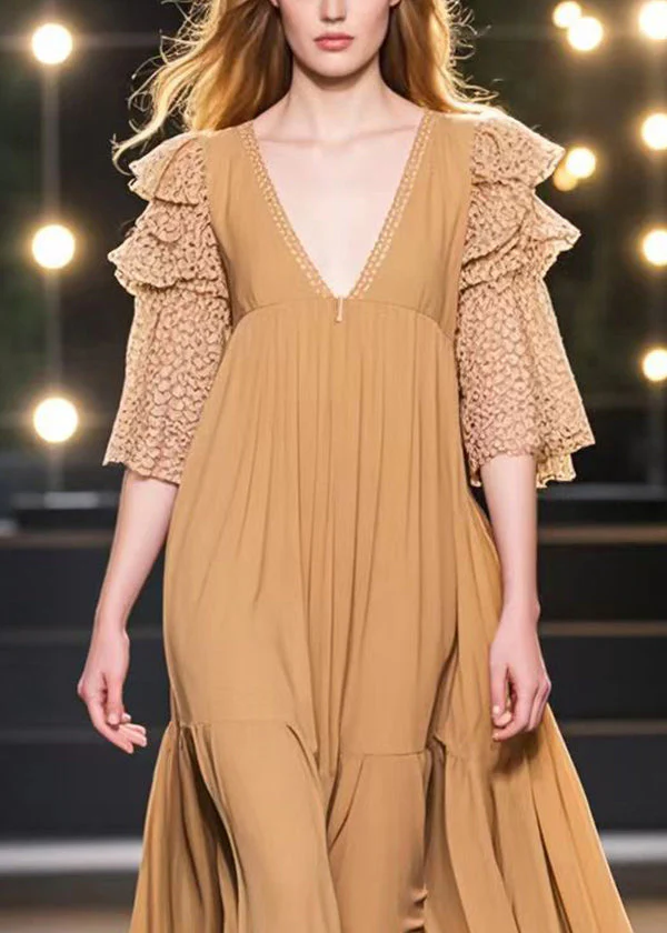 Italian Khaki V Neck Patchwork Exra Large Hem Cotton Dresses Summer - Image 2