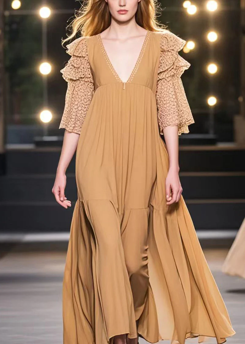 Italian Khaki V Neck Patchwork Exra Large Hem Cotton Dresses Summer - Image 5