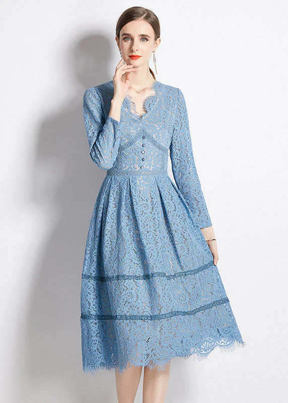 Italian Lake Blue V Neck Button Lace Cinch Dress Fall - Image 2