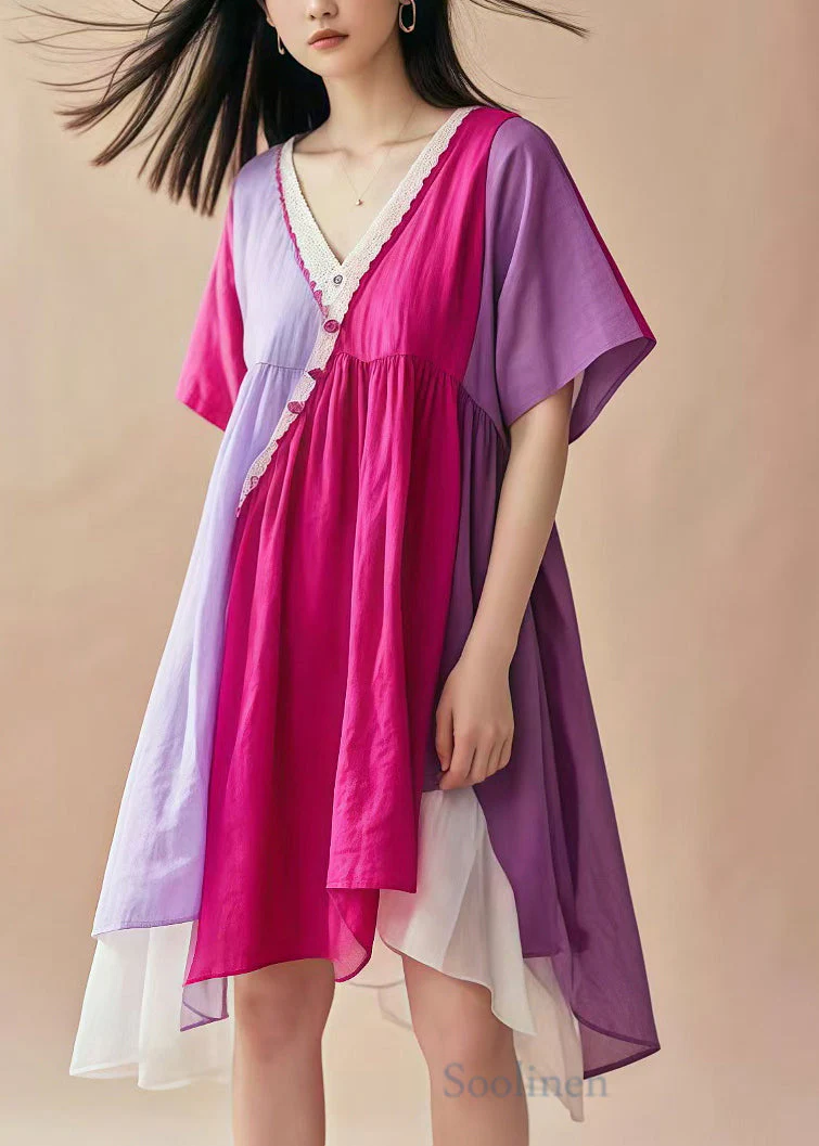Italian Lavender V Neck Patchwork Cotton Mid Dress Summer - Image 2