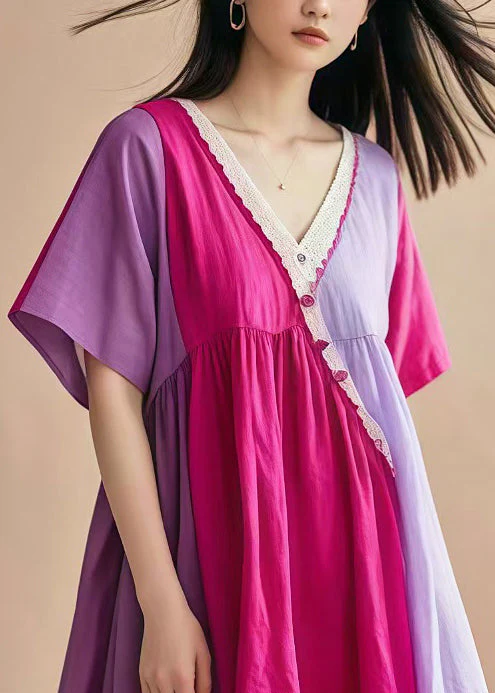 Italian Lavender V Neck Patchwork Cotton Mid Dress Summer - Image 3