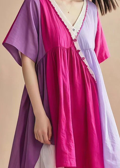 Italian Lavender V Neck Patchwork Cotton Mid Dress Summer - Image 4