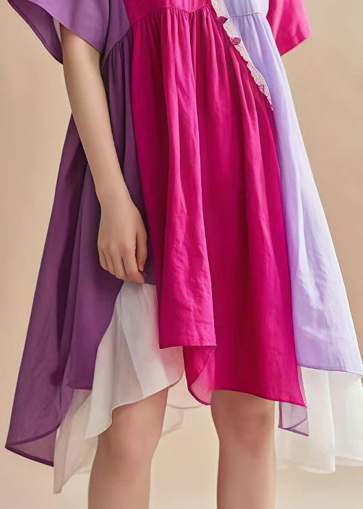 Italian Lavender V Neck Patchwork Cotton Mid Dress Summer - Image 5