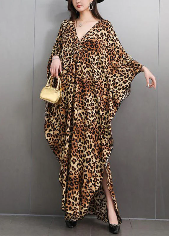 Italian Leopard V Neck Side Open Maxi Dress Batwing Sleeve - Image 2