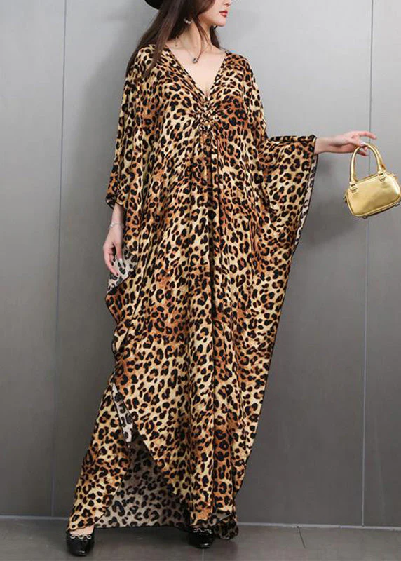 Italian Leopard V Neck Side Open Maxi Dress Batwing Sleeve - Image 3