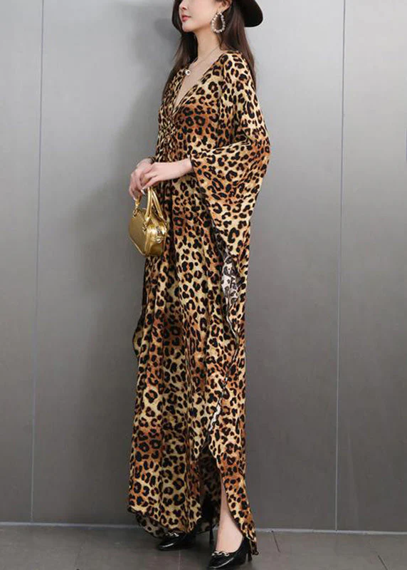 Italian Leopard V Neck Side Open Maxi Dress Batwing Sleeve - Image 4