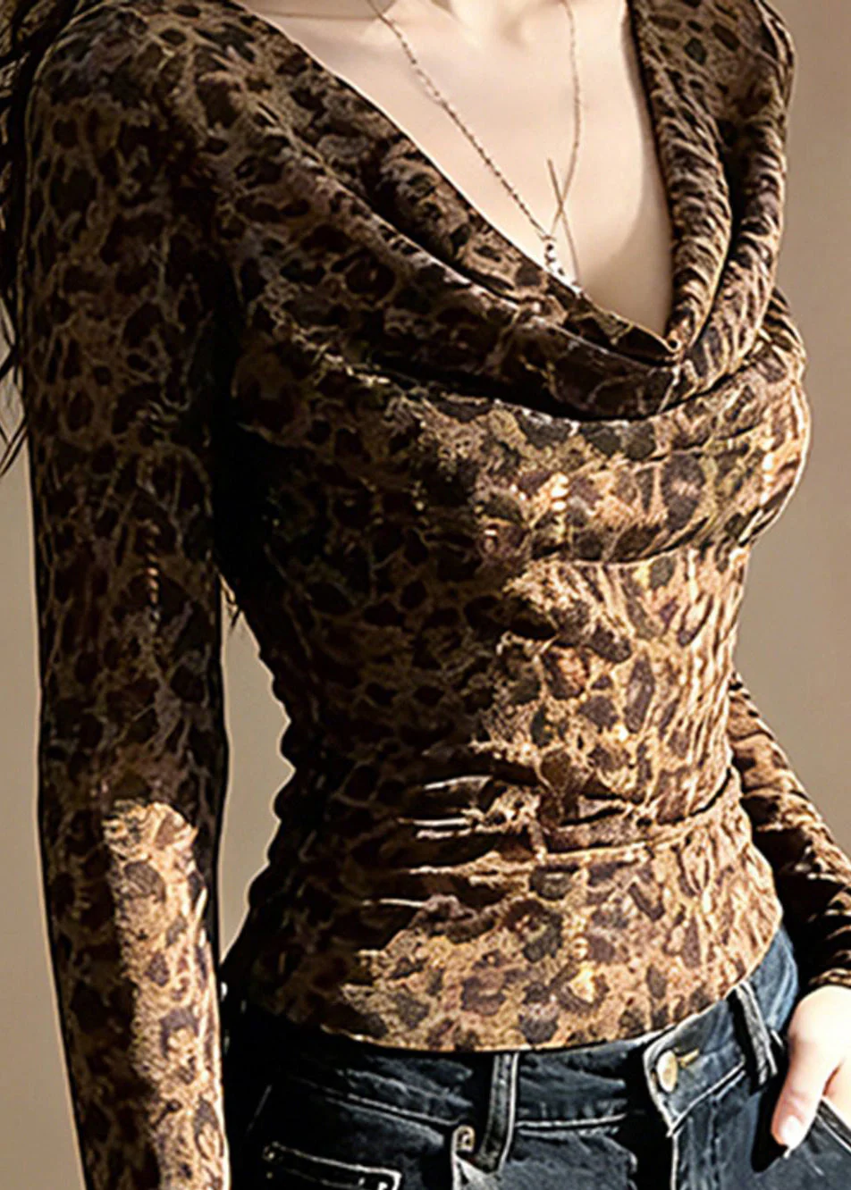 Italian Leopard V Neck Wrinkled Cotton T Shirt Spring - Image 5