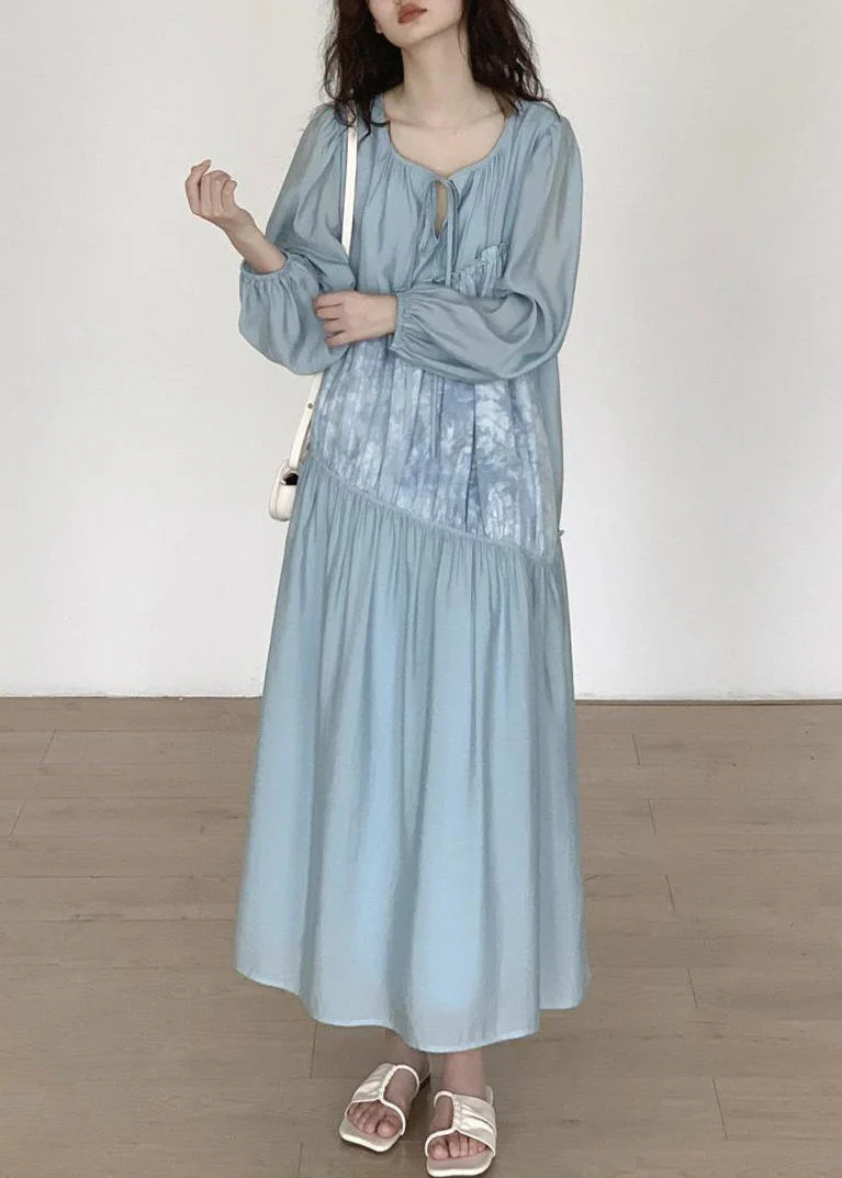 Italian Light Blue Lace Up Ruffled Chiffon Long Dresses Spring - Image 2