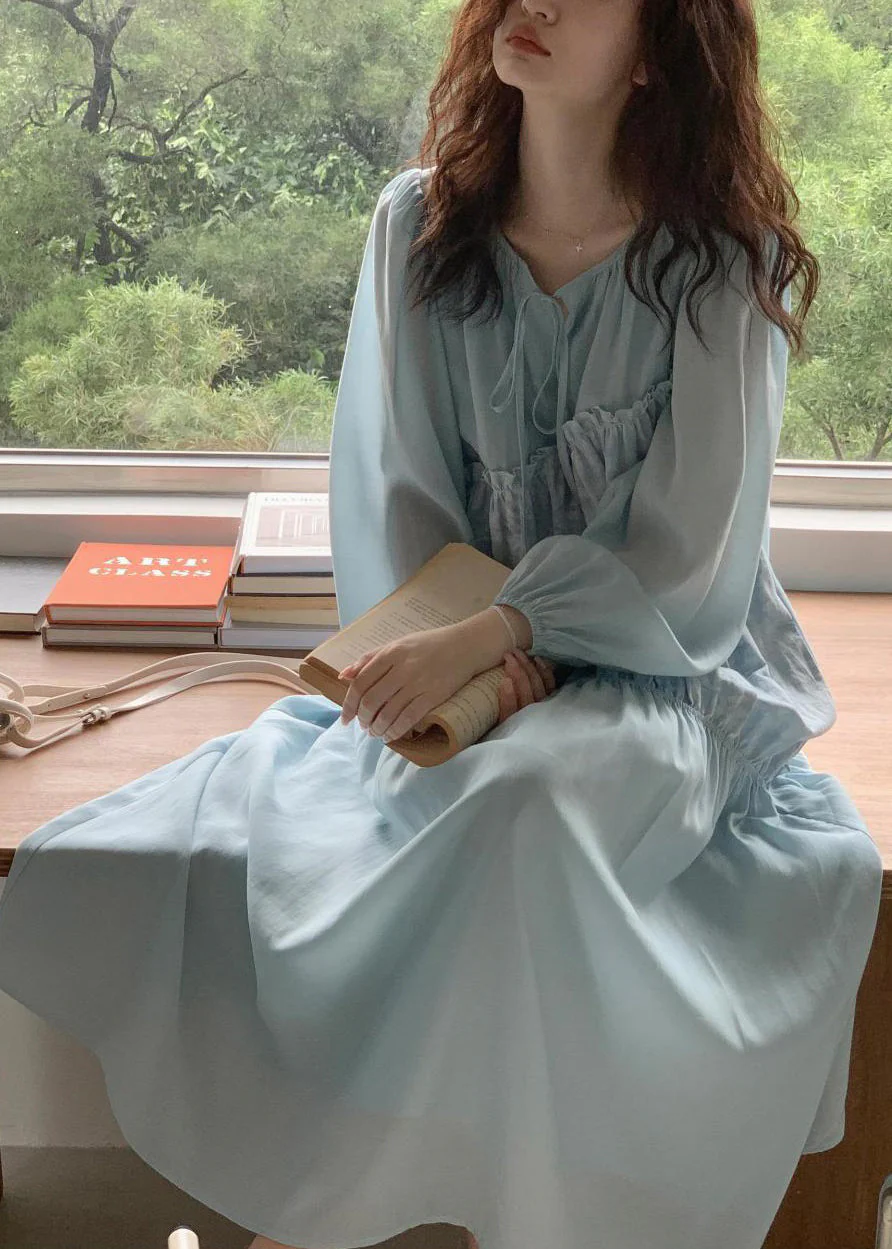 Italian Light Blue Lace Up Ruffled Chiffon Long Dresses Spring - Image 3