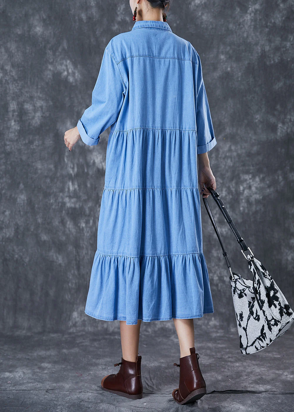 Italian Light Blue Oversized Patchwork Ruffles Cotton Long Dress Fall - Image 4