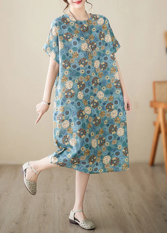 Italian Light Blue Print Cotton Party Long Dress Summer - Image 4