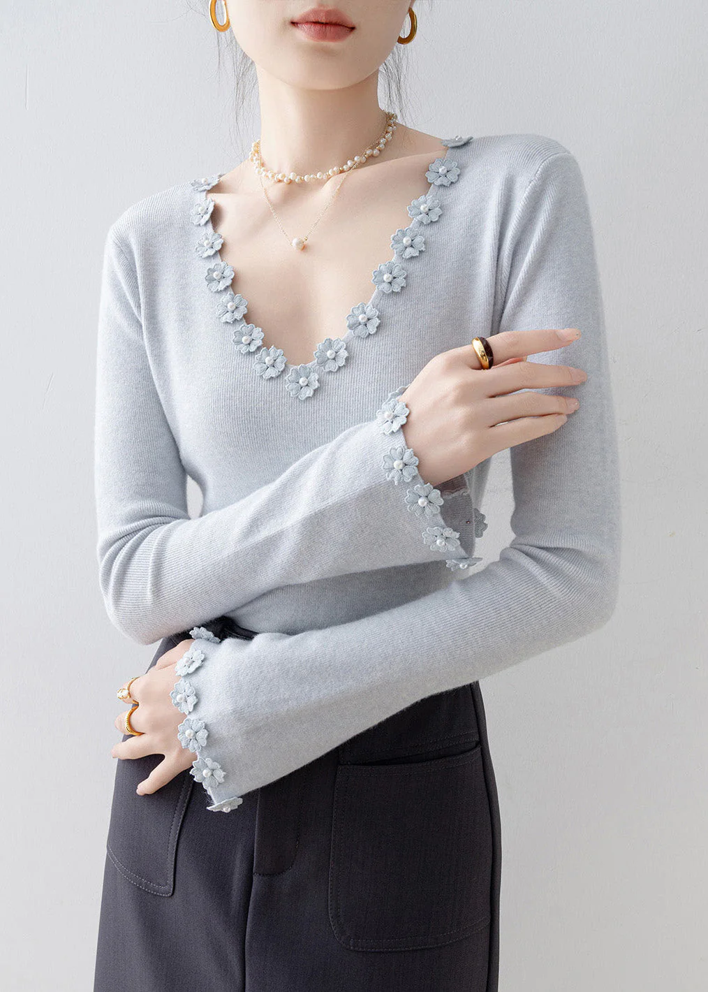 Italian Light Blue V Neck Floral Knit Sweater Flare Sleeve