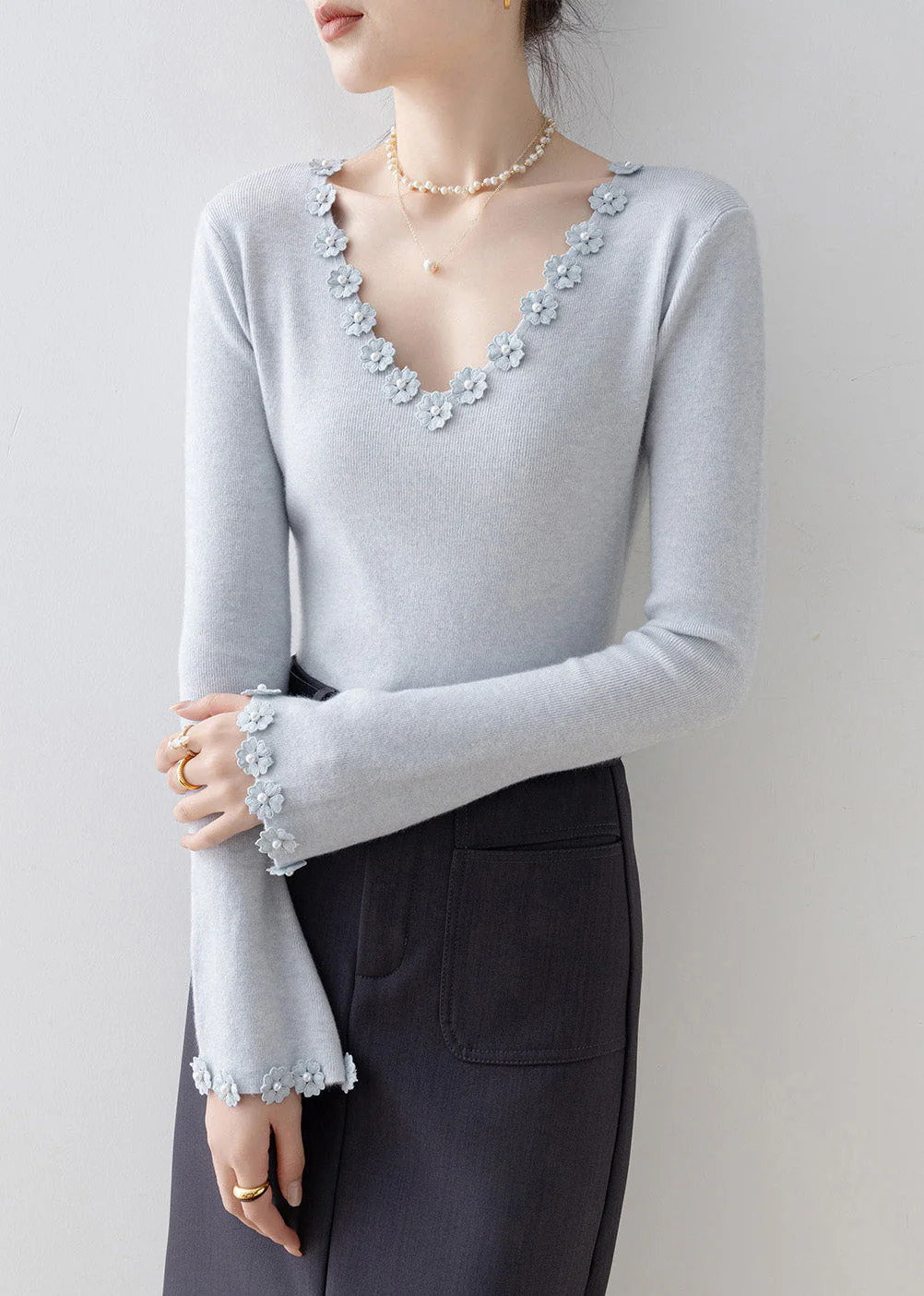 Italian Light Blue V Neck Floral Knit Sweater Flare Sleeve - Image 2