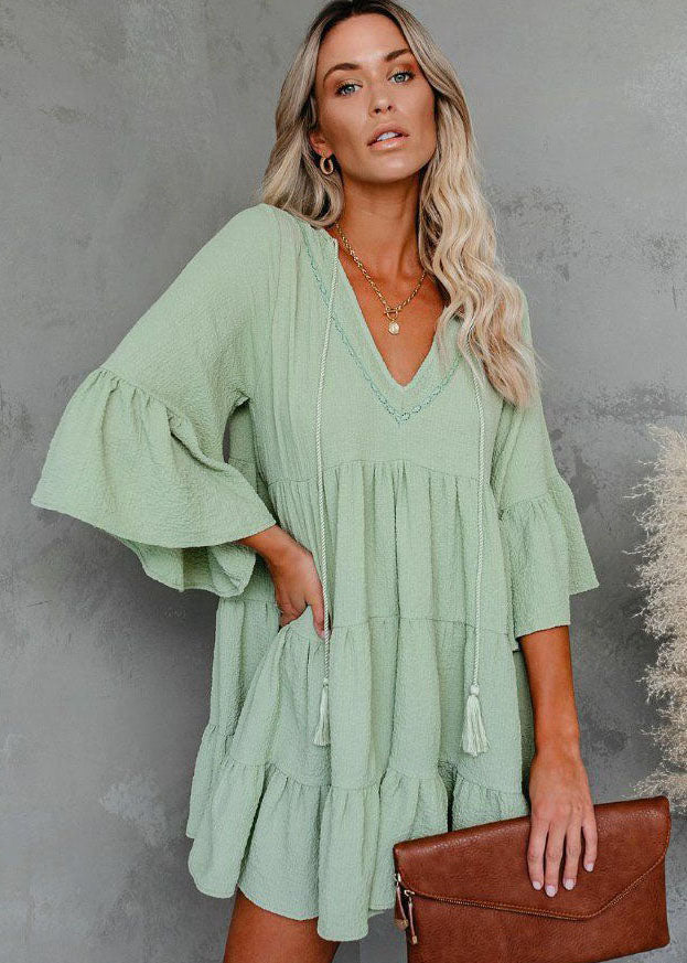 Italian Light Green Tasseled Patchwork Wrinkled Chiffon Dress Summer - Image 2