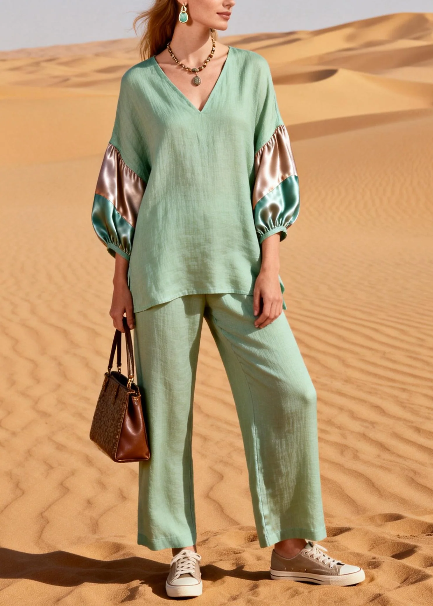 Italian Light Green V Neck Patchwork Cotton Two Pieces Set Summer - Image 3