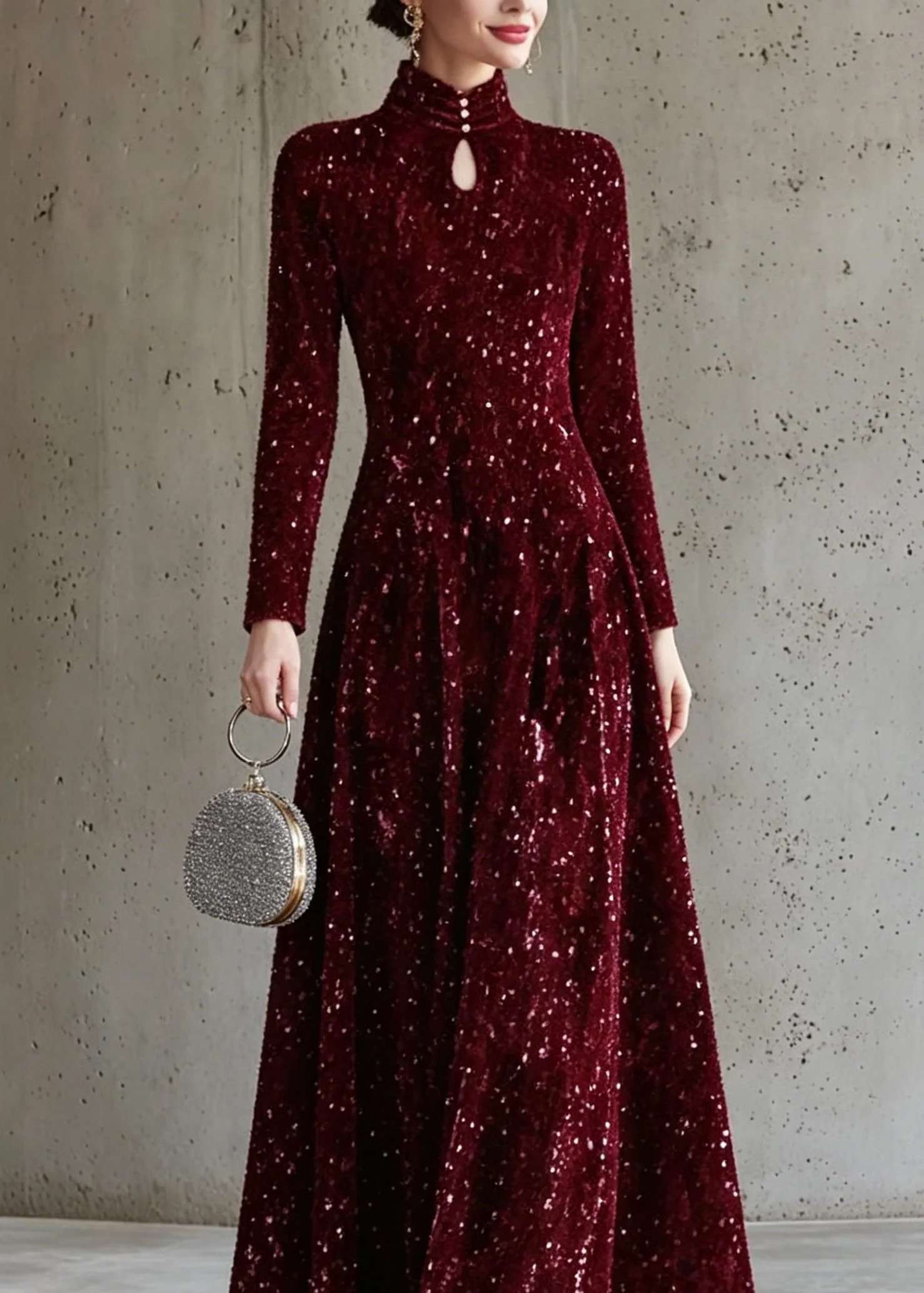 Italian Mulberry Stand Collar Sequins Maxi Dress Long Sleeve - Image 2