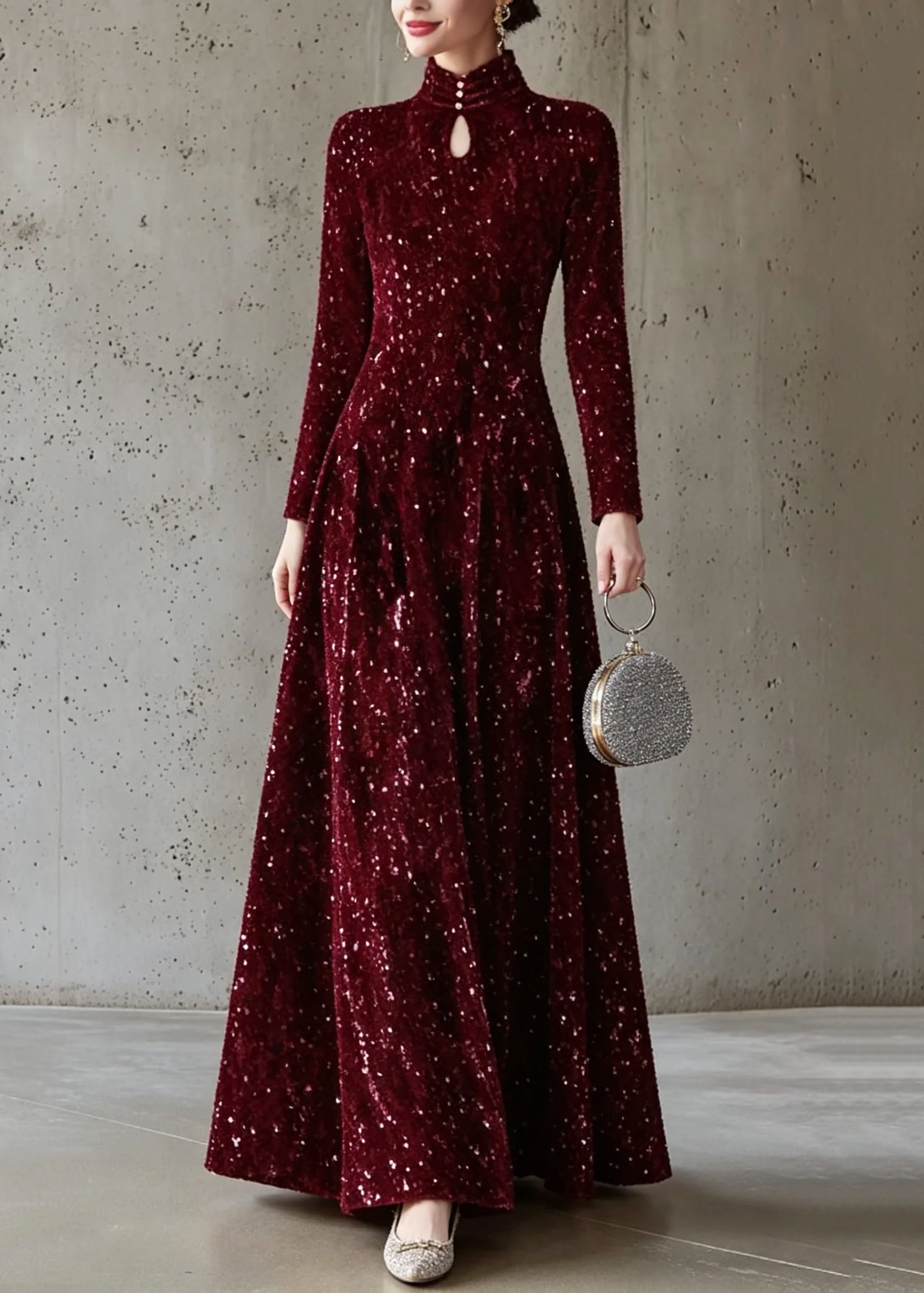 Italian Mulberry Stand Collar Sequins Maxi Dress Long Sleeve - Image 3