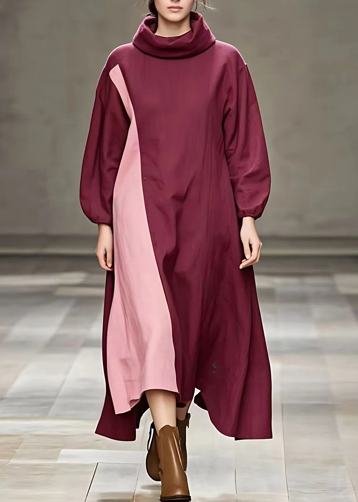 Italian Mulberry Turtleneck Patchwork Maxi Dresses Fall - Image 2