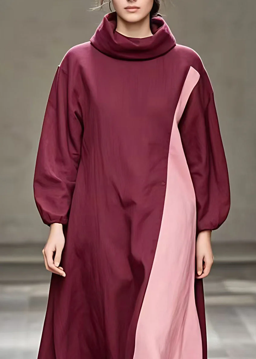 Italian Mulberry Turtleneck Patchwork Maxi Dresses Fall - Image 3